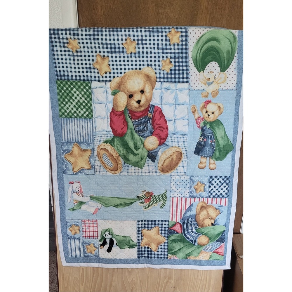 Vintage Teddy Bear Patchwork Quilted Baby Blanket Blue Gingham‎ Stars 34x44